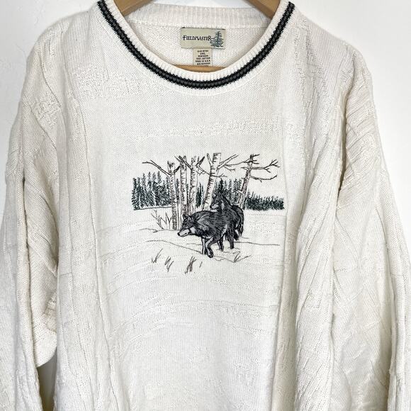 Firldmaster Embroidered Wolf Sweater Mens 2XL White Crew Neck - Picture 2 of 4